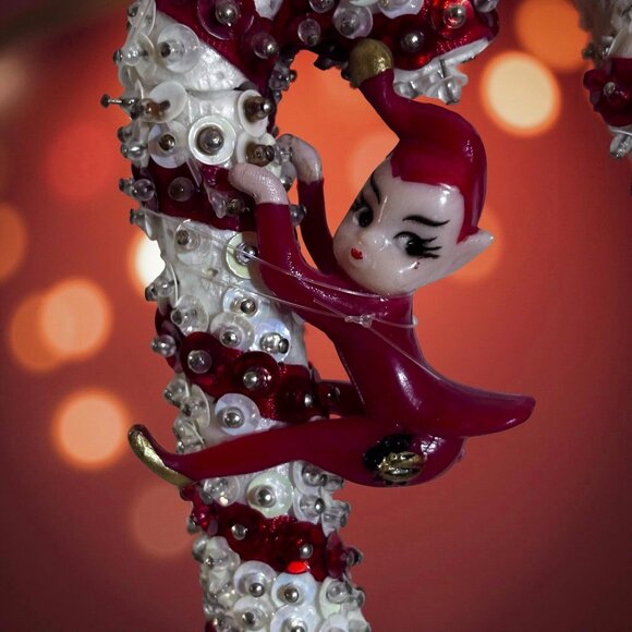 Vintage Japan Elf on Candy Cane Ornaments • 1950s Beaded Sequin Santa Elf Pair • - Picture 7 of 7